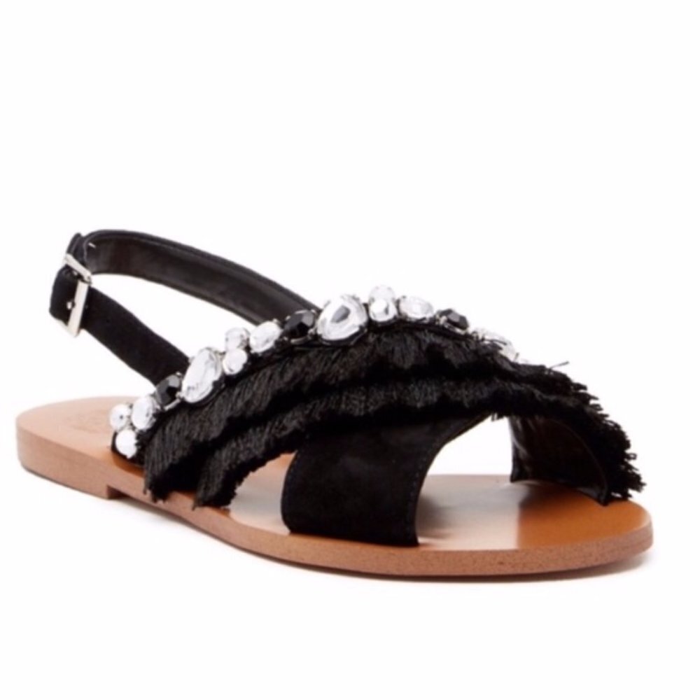 NEW Vince Camuto Ampella Crystal Embelished Fringe Sandal in Black Sz. 7
